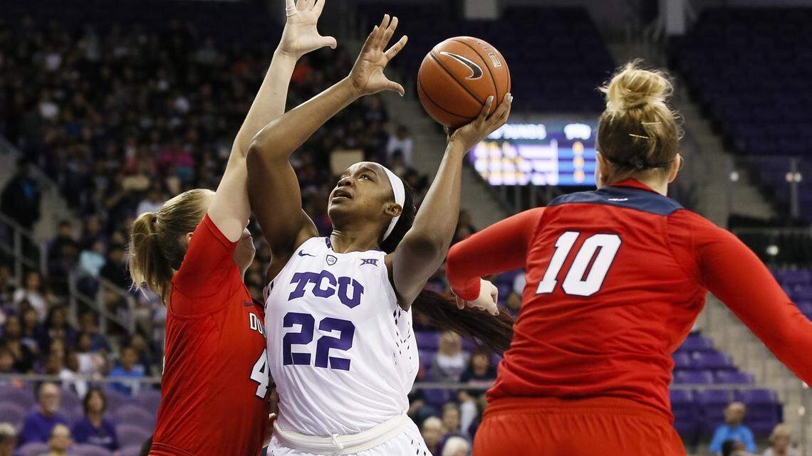 Jordan Moore (pictured) and Amy Okonkwo were simply too much for a very good Duquesne team to handle in a 61-48 season-opening victory for TCU on Tuesday at Schollmaier Arena.