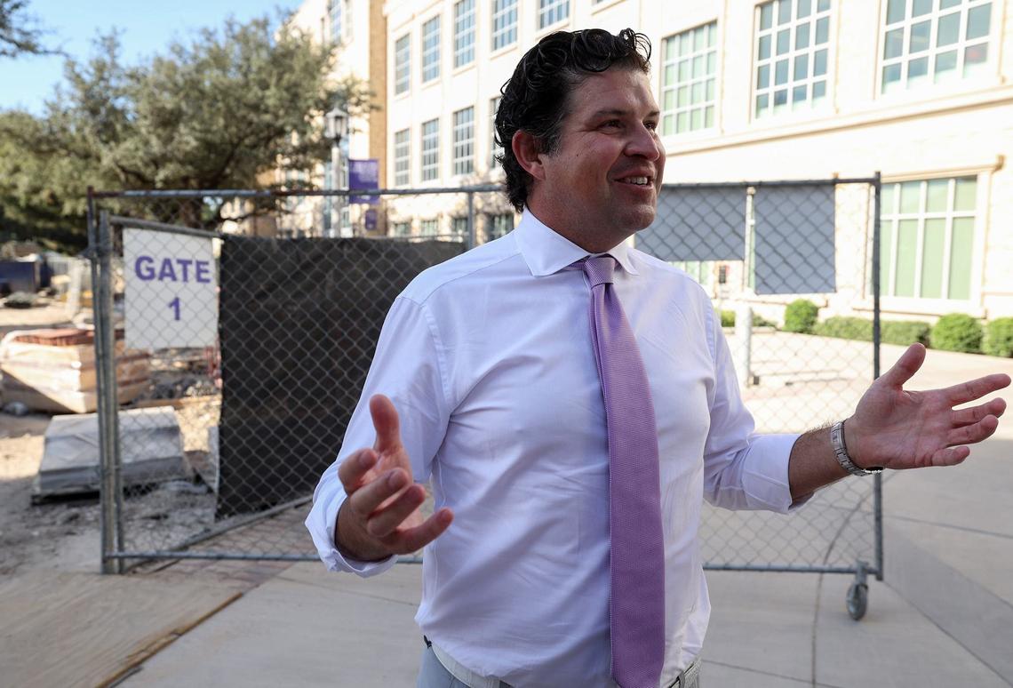 TCU President Daniel W. Pullin talks about the growth of the university while next to the new residence halls under construction on the east side of campus on Aug. 19, 2024.