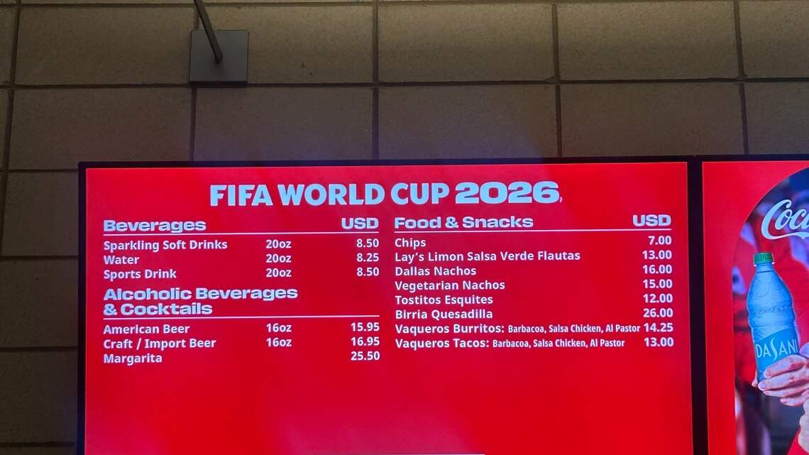 How much does food cost at a World Cup match at AT&T Stadium?