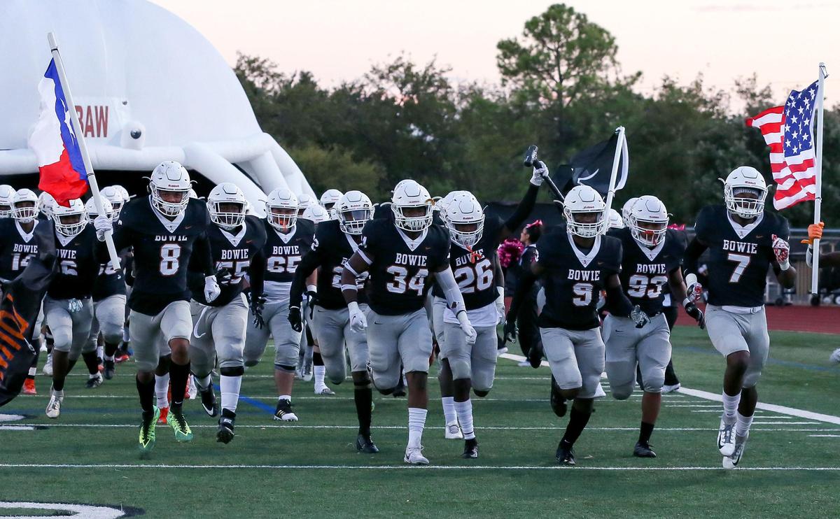 The Arlington Bowie Volunteers enter the field to face the Arlington Colts, Friday night, October 11, 2019 played at Wilemon Field in Arlington, TX.