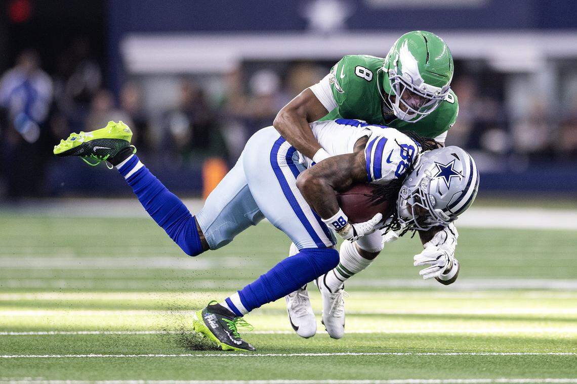 Cowboys receiver CeeDee Lamb (88) catches a pass in the first half of an NFL game between the Dallas Cowboys and the Philadelphia Eagles at AT&T Stadium in Arlington on Sunday, Nov. 23, 2025.