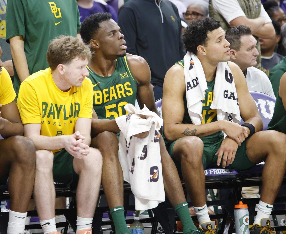 Baylor center James Nnaji (50) takes a short breather during the first half of a NCAA basketball game between Baylor University and TCU at Schollmaier Arena in Fort Worth, Texas, Saturday Jan. 03, 2026