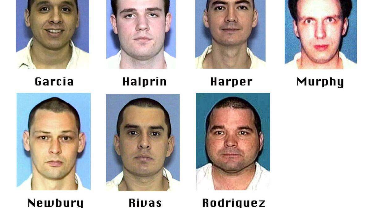 FILE--Prison inmates Joseph Garcia, Randy Halprin, Larry Harper, Patrick Murphy Jr., Donald Newbury, George Rivas, and Michael Rodriguez, in these undated Texas prison handout photos. Rivas and five others were accused of killing officer Aubrey Hawkins while robbing a sporting goods store after breaking out of a maximum-security prison in Kenedy on Dec. 13, 2000. The seventh man, Larry Harper, killed himself rather than surrender.
