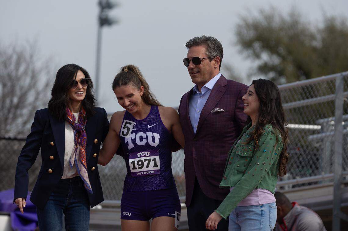 L-R: Demi Moore as Cami Miller, Dani Raen as Grace Miller, Jon Hamm as Monty Miller, and Rylie Rodriguez as Monty’s daughter in season 1, episode 2 of “Landman” streaming on Paramount+ on Nov. 17.