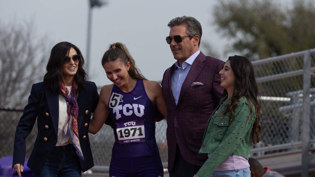 L-R: Demi Moore as Cami Miller, Dani Raen as Grace Miller, Jon Hamm as Monty Miller, and Rylie Rodriguez as Monty’s daughter in season 1, episode 2 of “Landman” streaming on Paramount+ on Nov. 17.