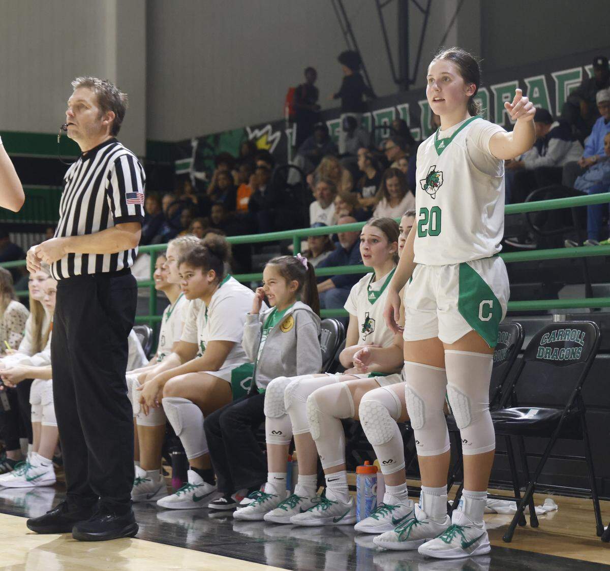 Southlake guard Whitney Jense (20) reacts to a play against L.D. Bell during the second half of a UIL girls basketball game between L.D. Bell and Southlake Carroll at Southlake Senior High School in Southlake, Texas, Tuesday Feb. 03, 2026