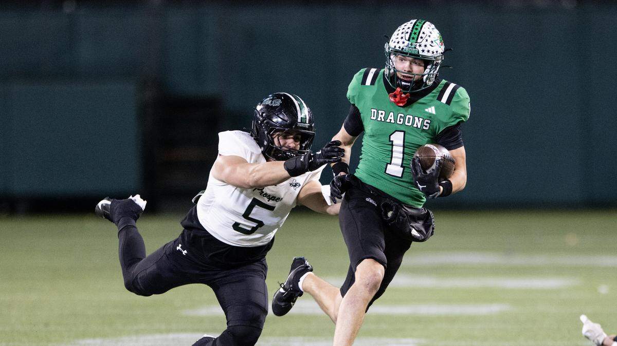 Southlake Carroll wide receiver Brock Boyd (1) runs upfield in the first half of the UIL Division II Regional playoff game at Choctaw Stadium in Arlington on Friday, Nov. 28, 2025.