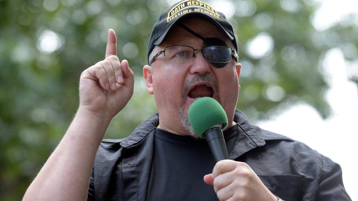Oath Keepers founder Stewart Rhodes at a 2017 rally in Washington, D.C. Rhodes said for weeks before the Jan. 6, 2021 Capitol riot that his group was preparing for a civil war and was “armed, prepared to go in if the president calls us up.”