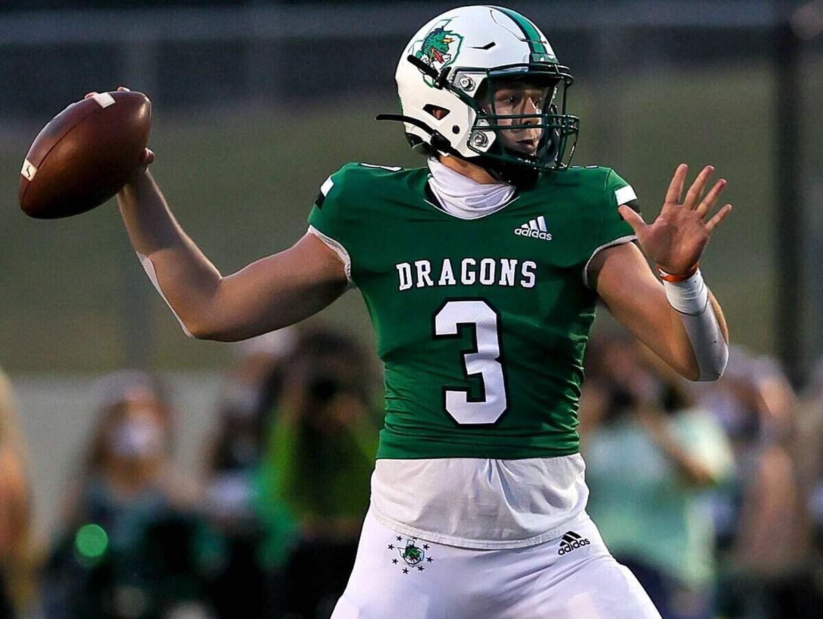 Southlake Carroll quarterback Quinn Ewers looks to pass against Rockwall Heath during the first half of a High School Football game, Friday night, October 2, 2020 played at Dragon Stadium in Southlake, Texas.