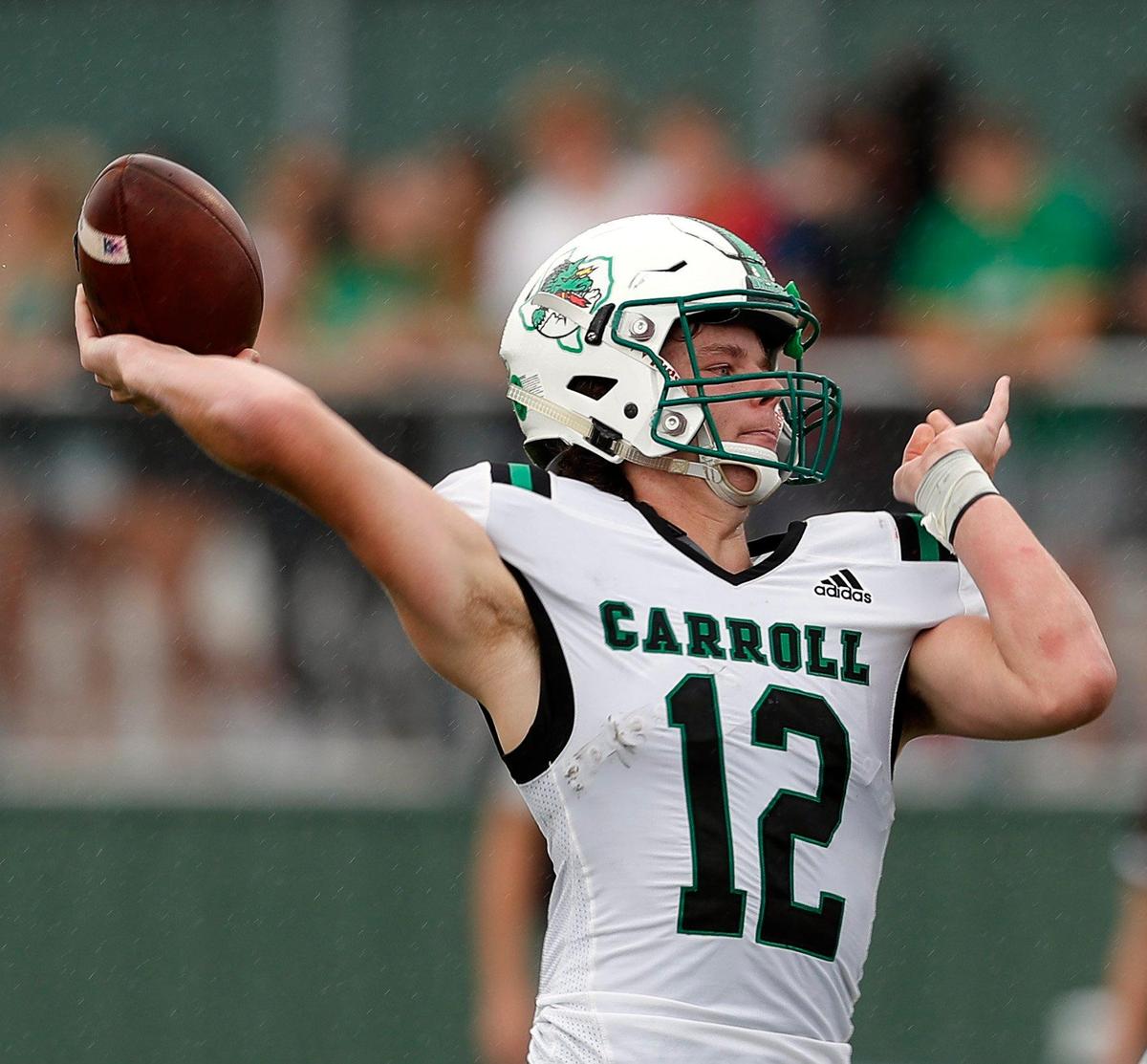 Carroll’s Kaden Anderson (12) tosses an incomplete pass down the middle during a high school football game at Keller ISD Stadium in Keller, Texas, Friday Oct. 01, 2021. Carroll led 28-13 at the half. (Special to the Star-Telegram Bob Booth)