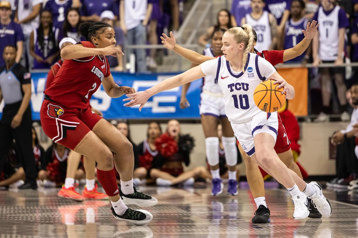 Louisville defenders double team TCU guard Hailey Van Lith (10) at half court in the first half of the second round of the Women’s NCAA Championships Tournament game between TCU and Louisville at Schollmaier Arena in Fort Worth on Sunday, March 23, 2025.