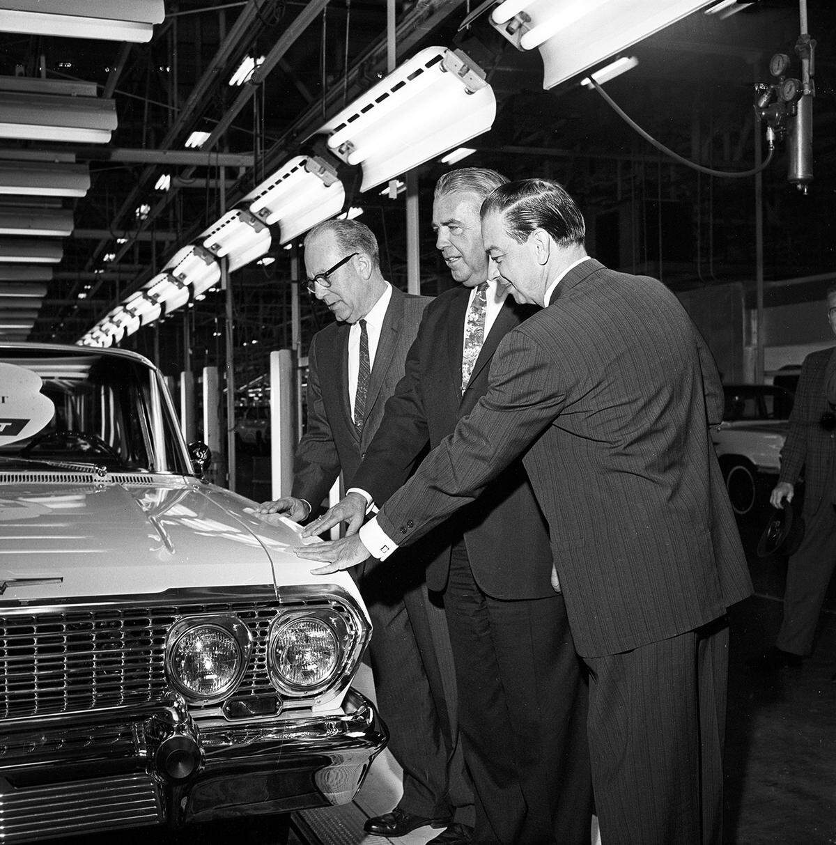 Sept. 25, 1962: Arlington Mayor Tom Vandergriff, right, who also has a Chevrolet dealership, watches the first Texas-made Chevrolet come off the assembly line at the General Motors Arlington plant, along with Henry T. Brian, left, plant manager, and Fred B. Walsh, southwest regional manager for Chevrolet.