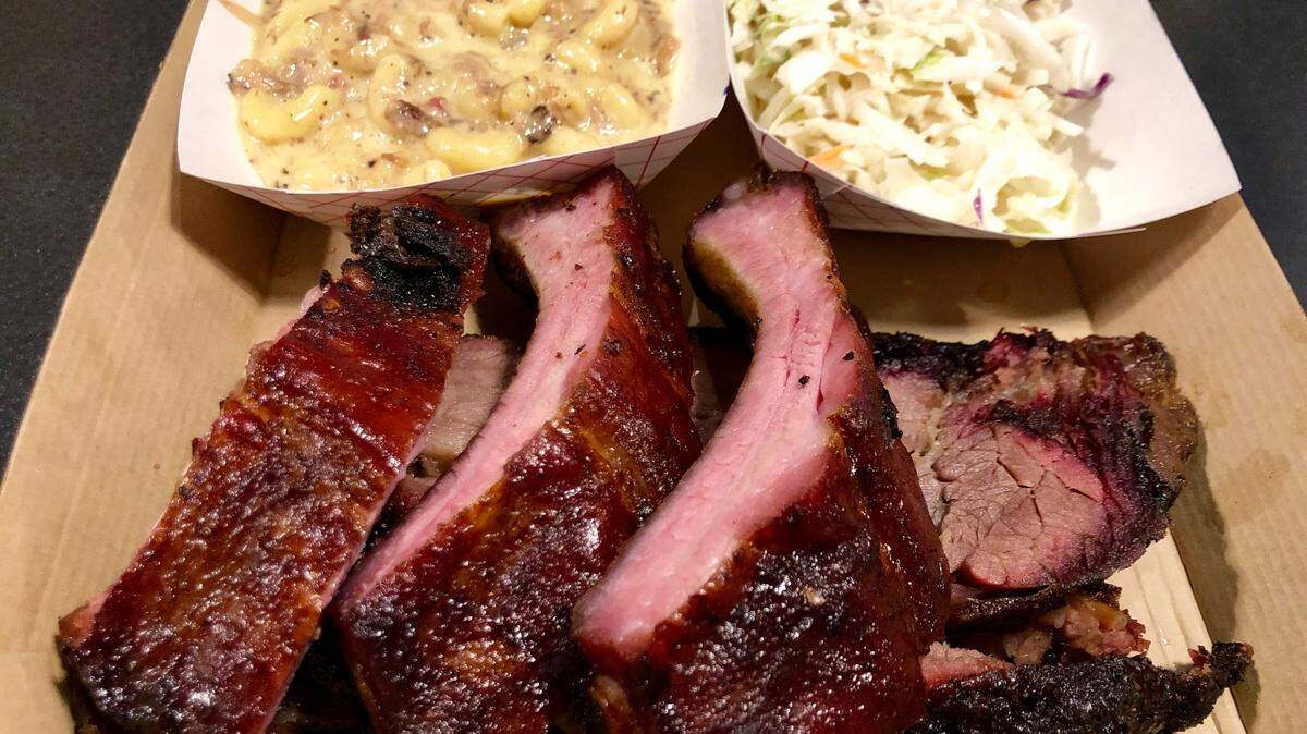 Ribs, brisket, slaw and black-pepper-sausage-mac-and-cheese at Cowtown Brewing downtown.