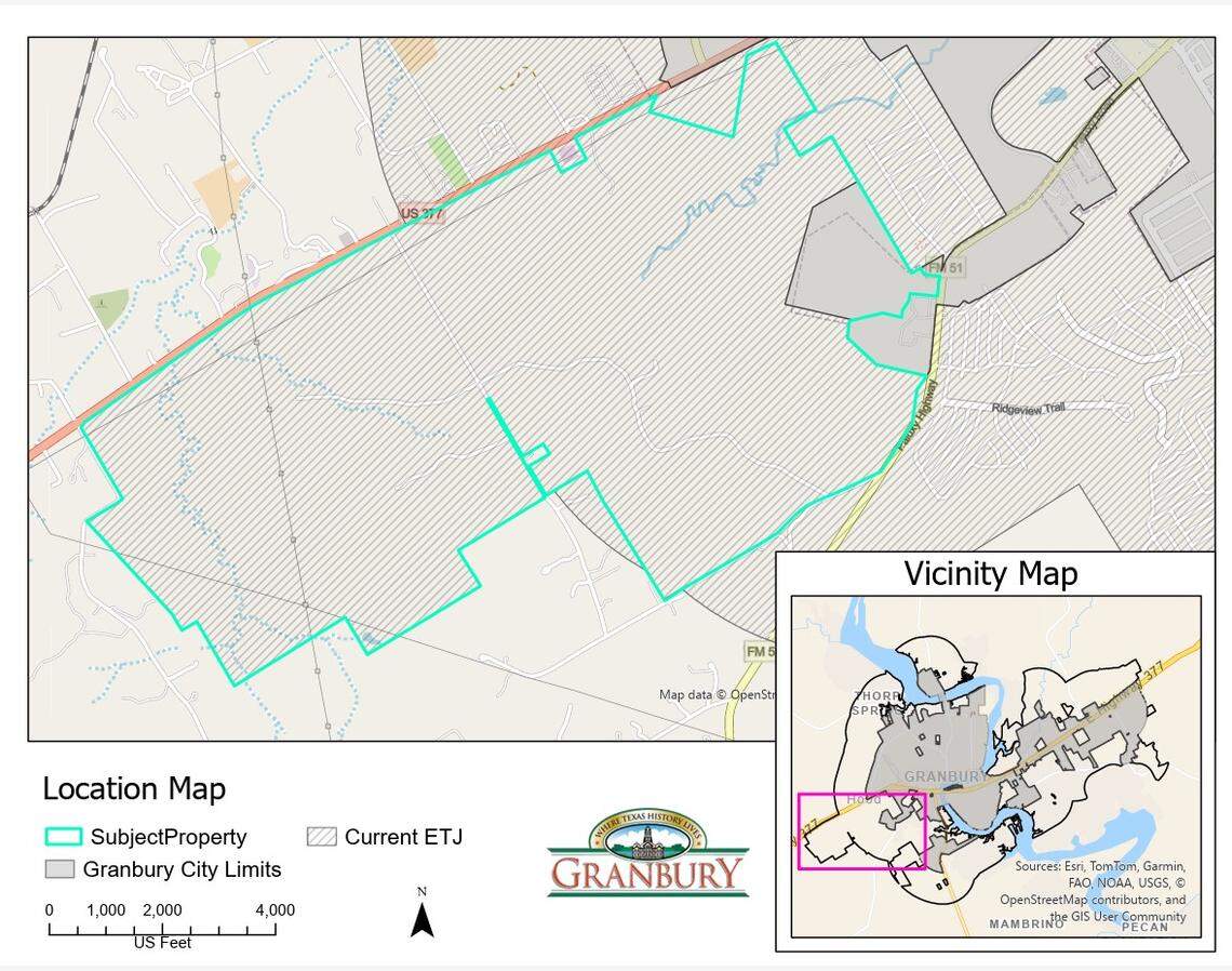 More than 2,000 acres that the city of Granbury annexed on Jan. 6, 2026.