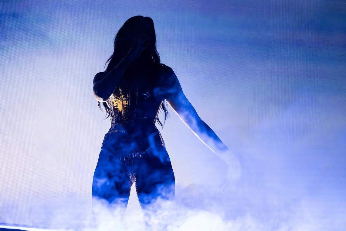 Dua Lipa performs on stage for her Radical Optimism Tour at American Airlines Center in Dallas on Tuesday, Sept. 30, 2025.