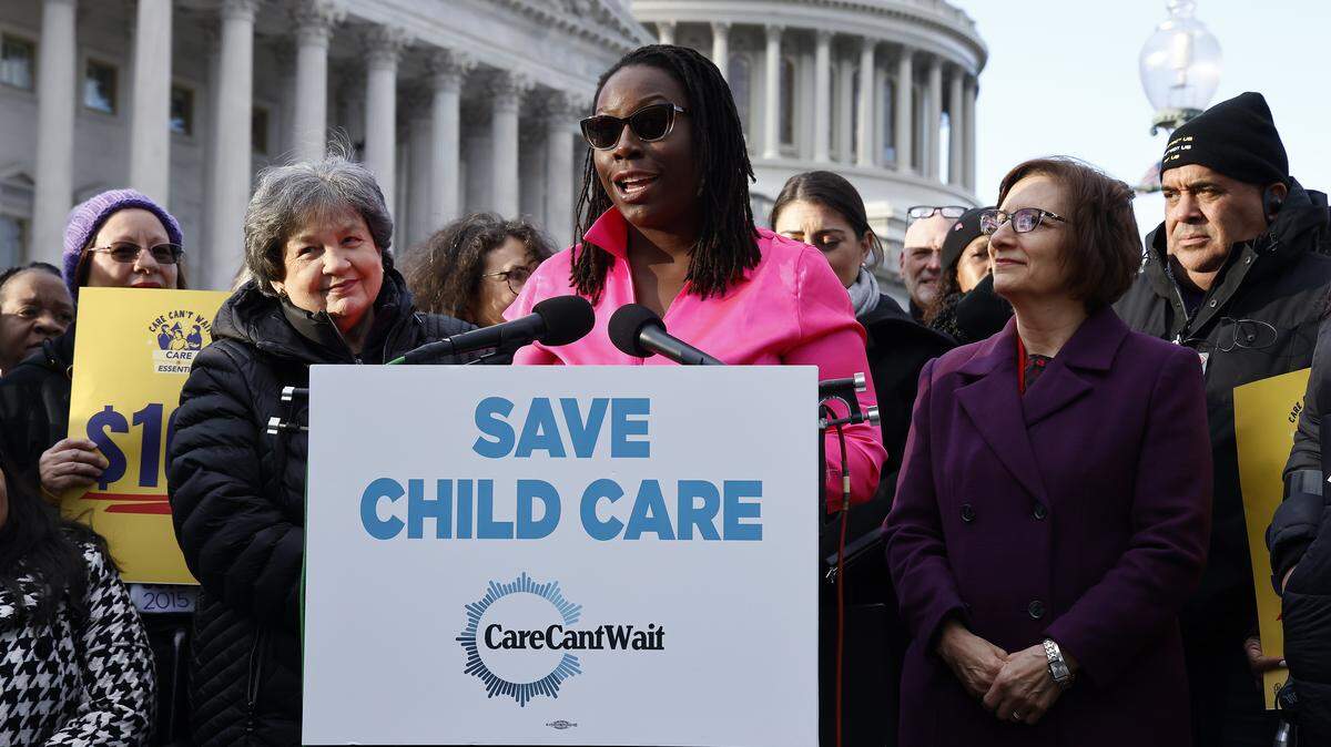 WASHINGTON, DC - DECEMBER 06: Community Change Action Childcare Changemaker BriTanya Brown (C) joins coalition partners at a rally outside the U.S. Capitol Building in support of President Biden's $16 billion request for child care supplemental funding to support children, families, and early educators on December 06, 2023 in Washington, DC. (Photo by Paul Morigi/Getty Images for Care Can't Wait Action)