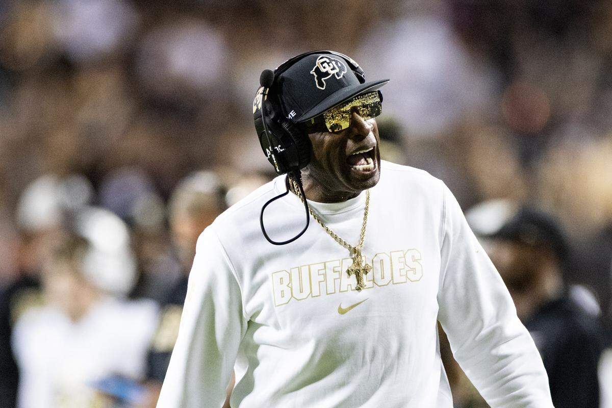 Colorado head coach Deion Sanders yells on the sidelines in the first half of an NCAA football game between TCU and Colorado at Amon G. Carter Stadium in Fort Worth on Saturday, Oct. 4, 2025.