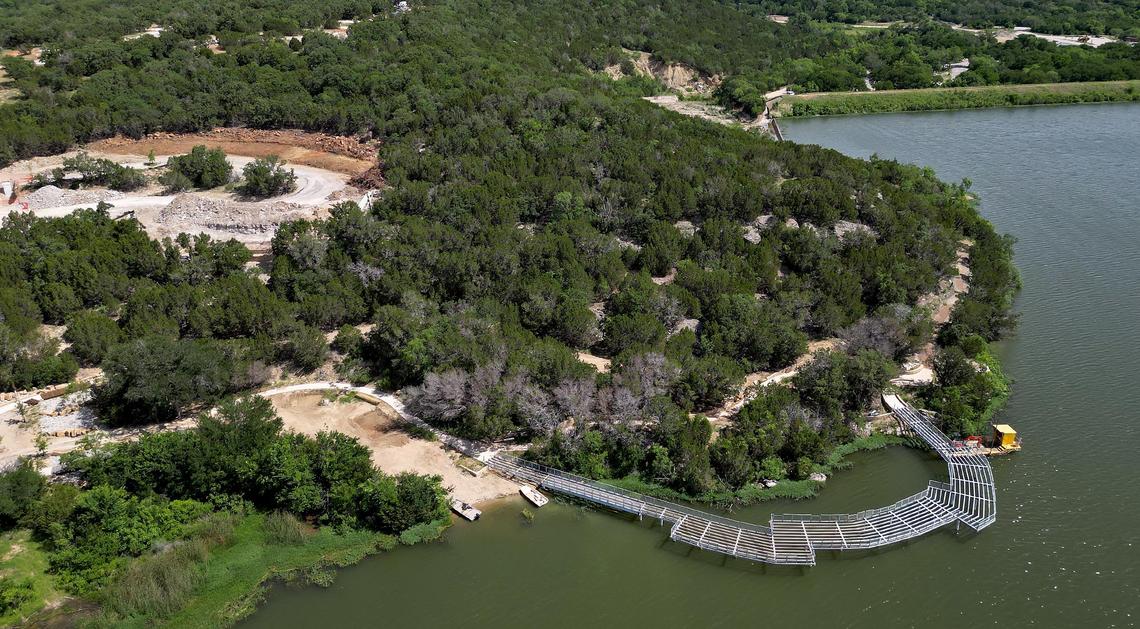 Work continues at Palo Pinto Mountains State Park, including construction of a fishing pier as pictured, on May 21 in Strawn. The park was initially scheduled to open in 2023 but visitors will have to wait until at least 2026, according to Park Superintendent James Adams.