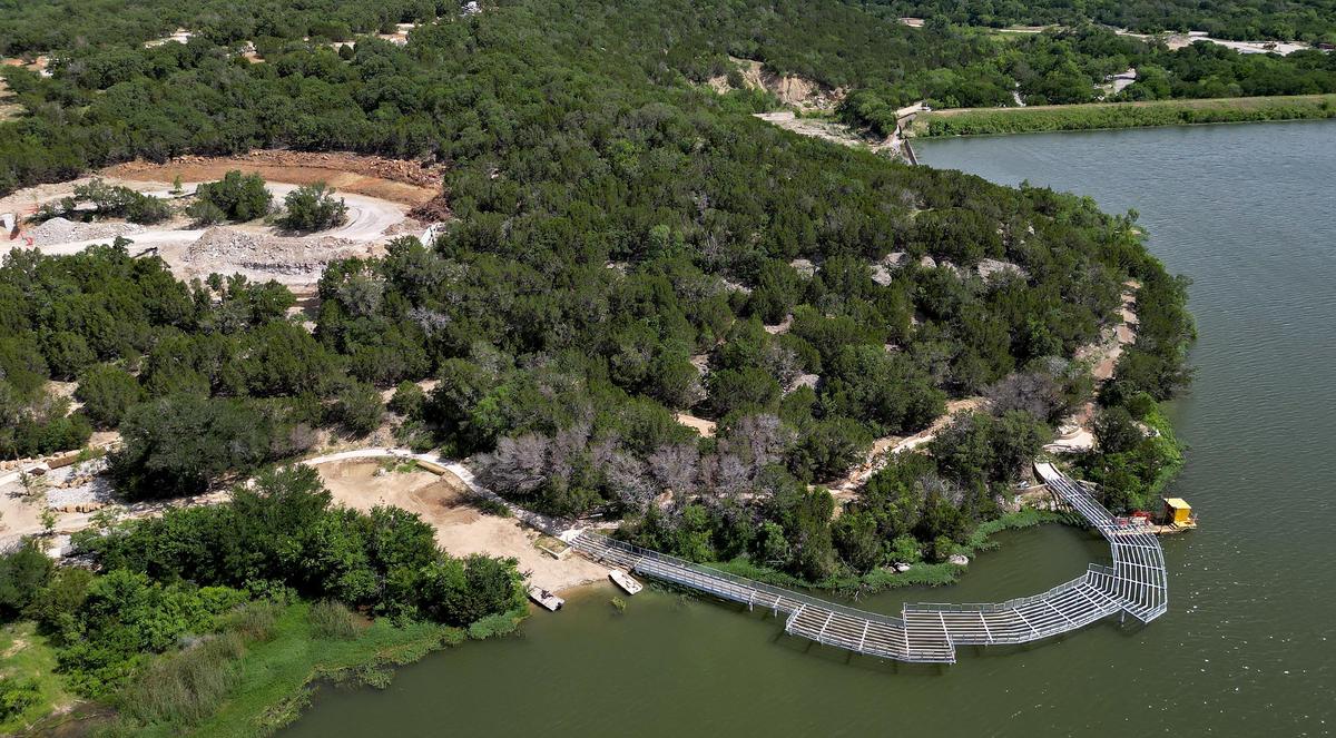 Work continues at Palo Pinto Mountains State Park, including construction of a fishing pier as pictured on May 21 in Strawn. The park was initially scheduled to open in 2023, but visitors will have to wait until at least 2026, according to Park Superintendent James Adams.