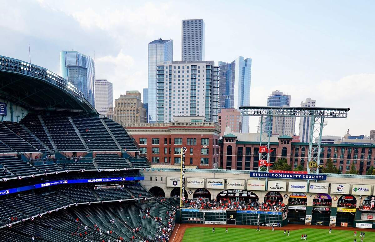 A general view of the Houston skyline behind the stadium before game six of the 2021 World Series between the Houston Astros and the Atlanta Braves at Minute Maid Park.