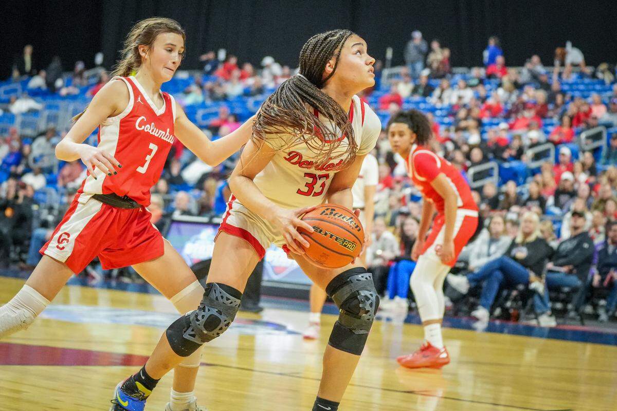 Huntington forward Kyra Anderson goes in for two of her game-high 28 points as the Devilettes downed Columbus 47-33 in a Class 3A state semifinal on Thursday, February 29, 2024 at the Alamodome in San Antonio, Texas.