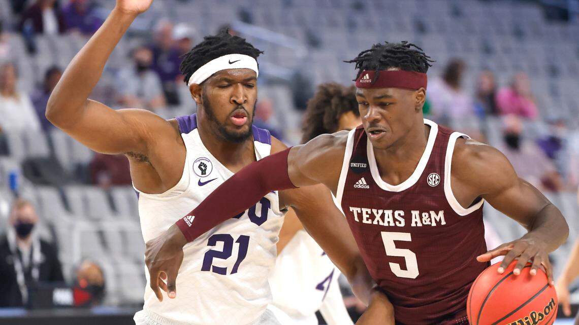 Texas A&M forward Emanuel Miller (5) is joining TCU, he announced on social media Thursday.