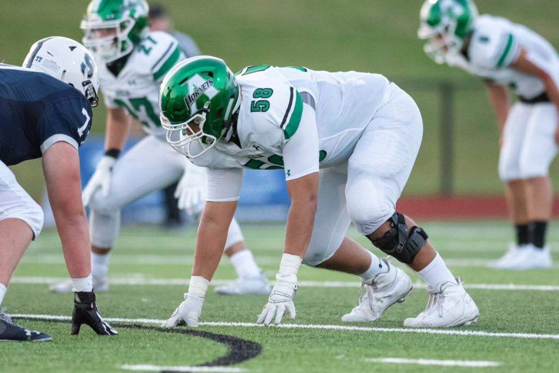 Azle lineman Jack Schwantz plays defense against FW All Saints in 2020. Schwantz died in a single-engine plane crash on Saturday Aug. 21, 2021. He was 18.