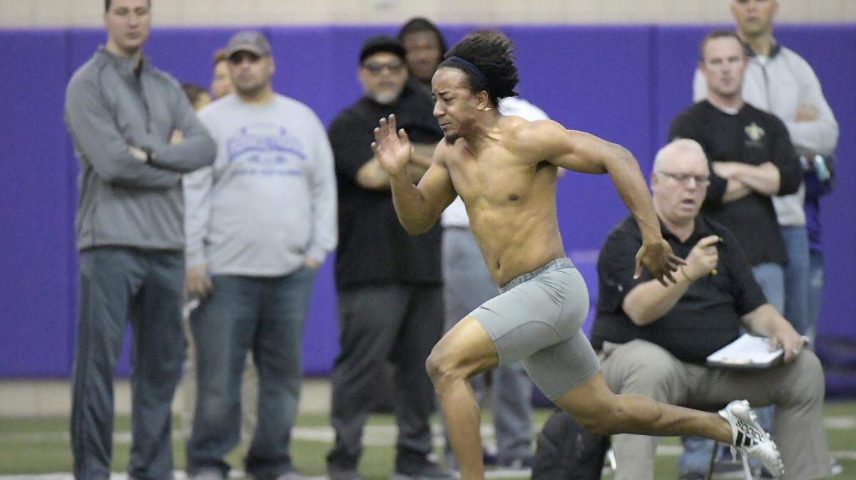 Former TCU corner back Ranthony Texada running during the TCU Pro Day at TCU Sammy Baugh Indoor Practice Facility on March 30.