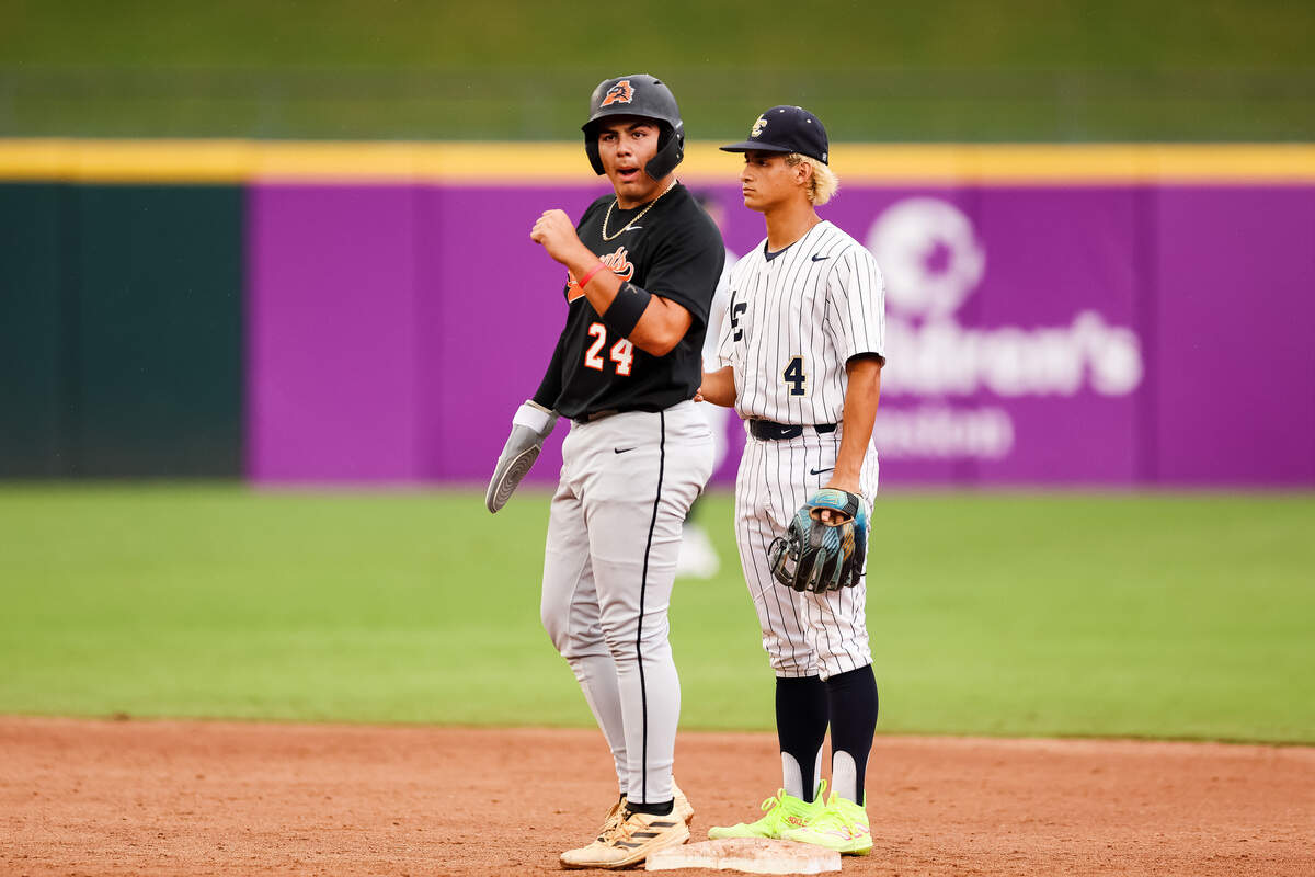 Aledo third baseman Dylan Duran (24) pumps his fist in celebration toward his dugout in the UIL Class 5A Division I baseball state championship game against Montgomery Lake Creek on Friday, June 5, 2026, at Dell Diamond in Round Rock, Texas.