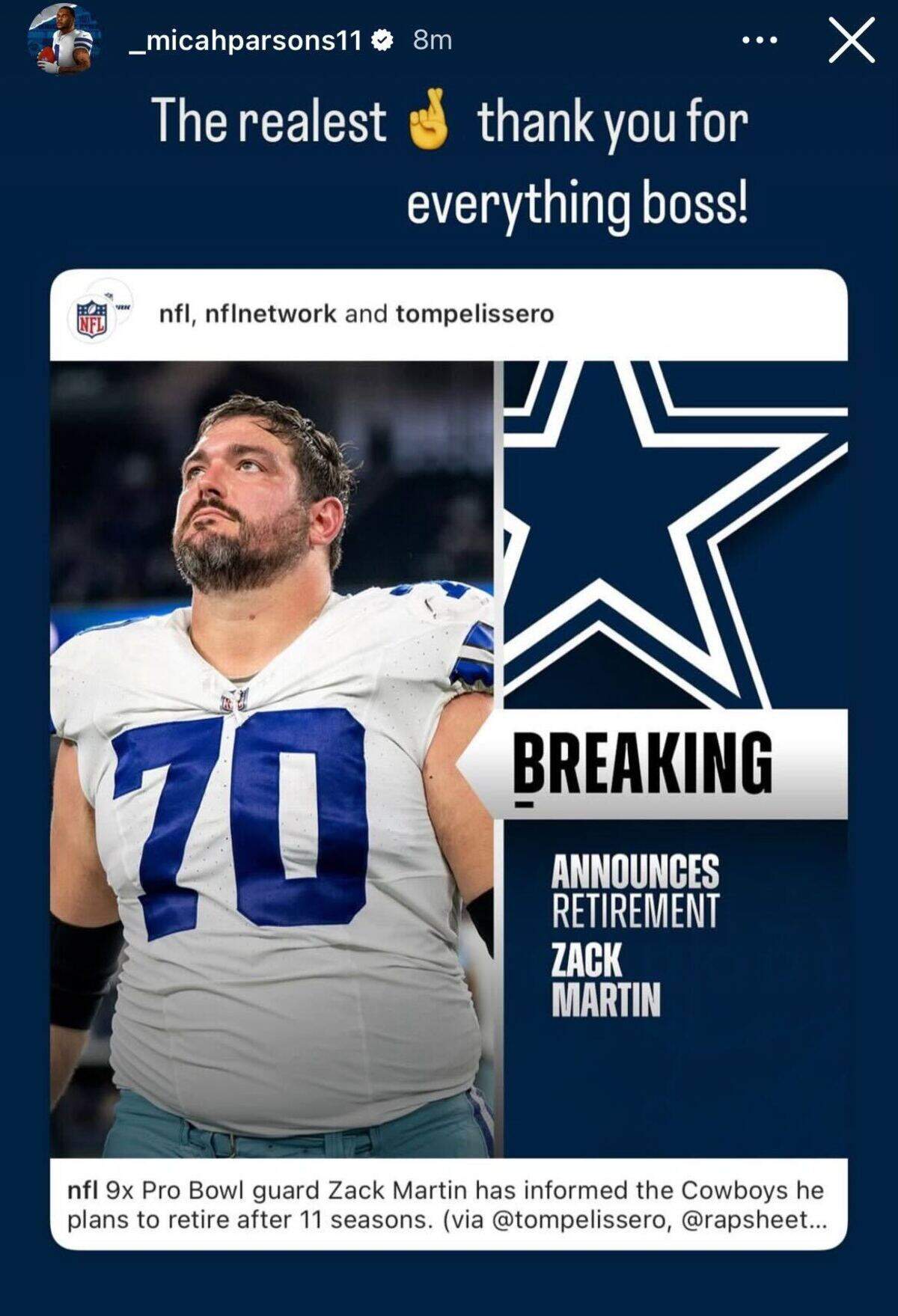 Micah Parsons comments on Instagram about the retirement of his teammate Zack Martin.