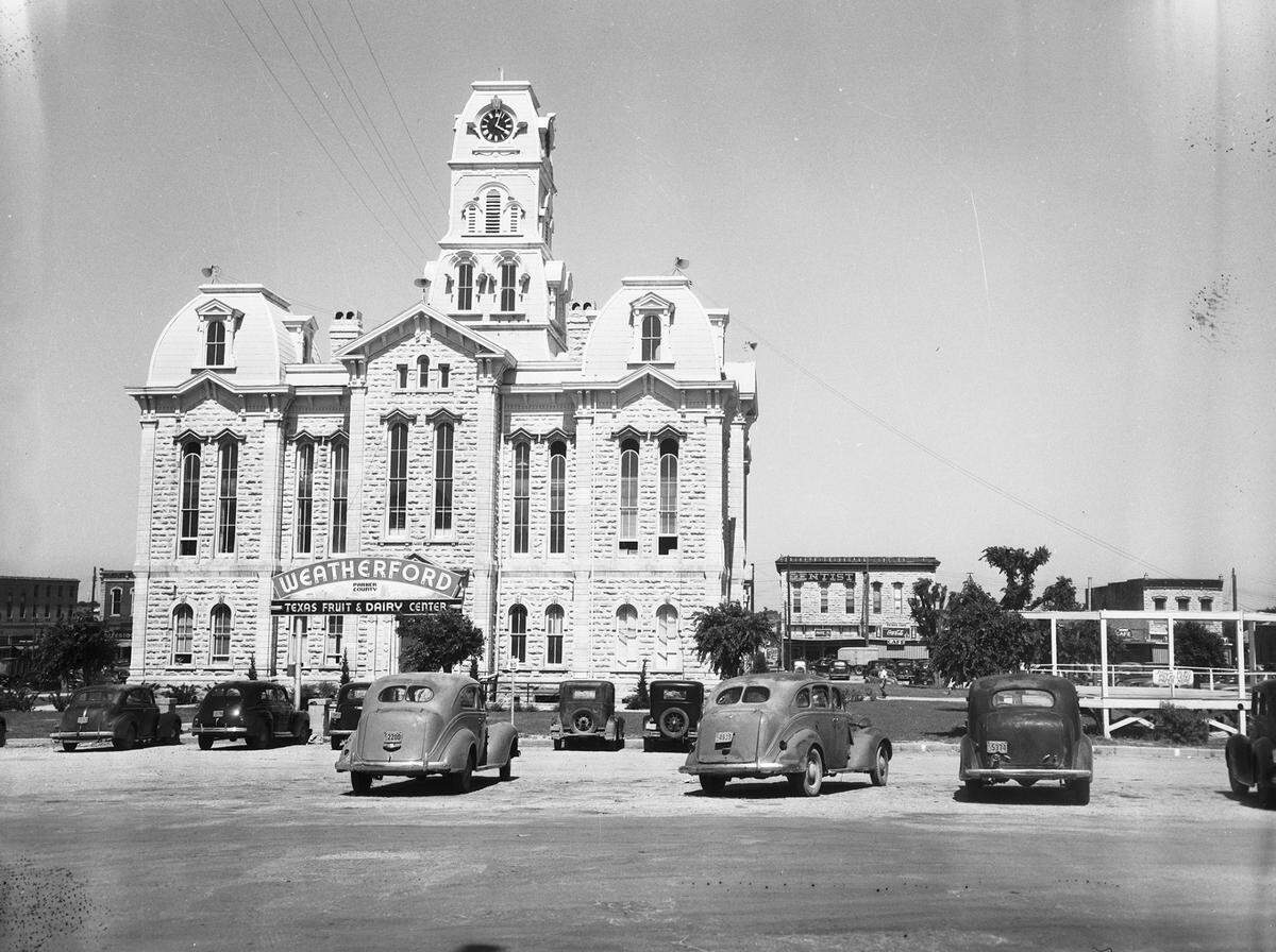 June 6, 1945: A rousing “welcome” celebration will greet Lt. Gen. William Hood Simpson at Weatherford, Texas, when he returns to his birthplace next Wednesday from triumphs as 9th Army leader in Europe. Photograph of Weatherford’s “American Gothic-towered” courthouse and bandstand about which the celebration will center.