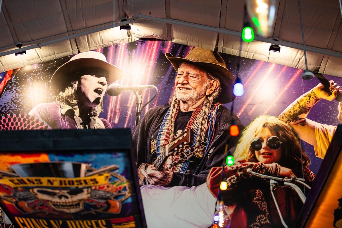 A painting of music artists on a wall of the newly opened Rock & Brews restaurant on Tuesday, July 2, 2024, in Grapevine. The restaurant has a variety of popular music artists paintings and photos such as Willy Nelson, Angus Young and more.