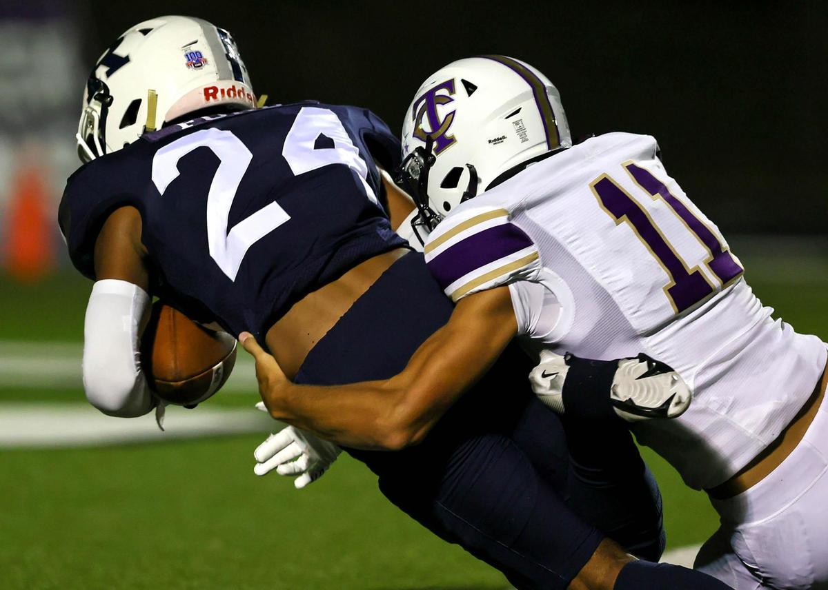 Richland special teams Caleb Ford (24) recovers a block punt for a touchdown against Keller Timber Creek during the first half of a High School Football game, Friday night, October 9, 2020 played at Keller ISD Staduim in Keller, Tx. (Steve Nurenberg Special to the Star-Telegram)