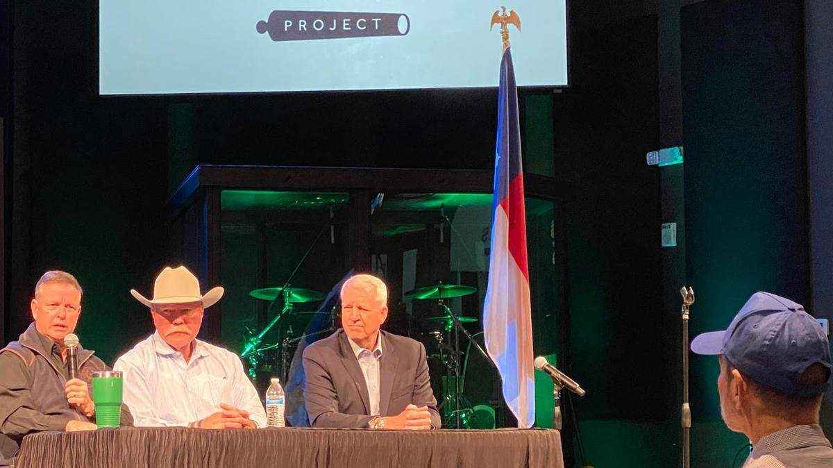 County Judge Tim O’Hare, District Attorney Phil Sorrells and Sheriff Bill Waybourn spoke about the county’s election integrity unit at a True Texas Project meeting April 10.