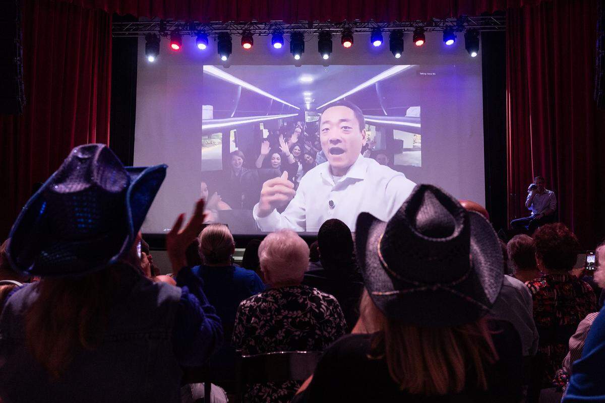 Texas state Rep. Gene Wu, D-Houston, speaks to the capacity crowd via Zoom during ‘The People vs. The Power Grab’ rally at the Ridglea Theater in Fort Worth on Saturday, Aug. 9, 2025.