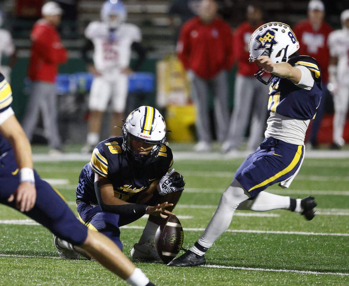 Fort Worth Arlington Heights kicker Dalton Shackelford (81) puts through a pat during the first half of a UIL Class 5A DI area-round football playoff game Thursday Nov. 20, 2025 at Shotwell Stadium in Abilene, Texas.