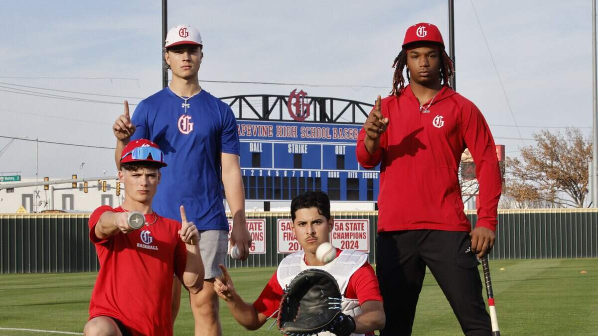 Grapevine Mustang baseball players Zach Goldstein, Luke Esquivel, Gianni Corral and Javorskie Lane photographed at practice at Grapevine High School in Grapevine, Texas, Tuesday Feb. 17, 2026.