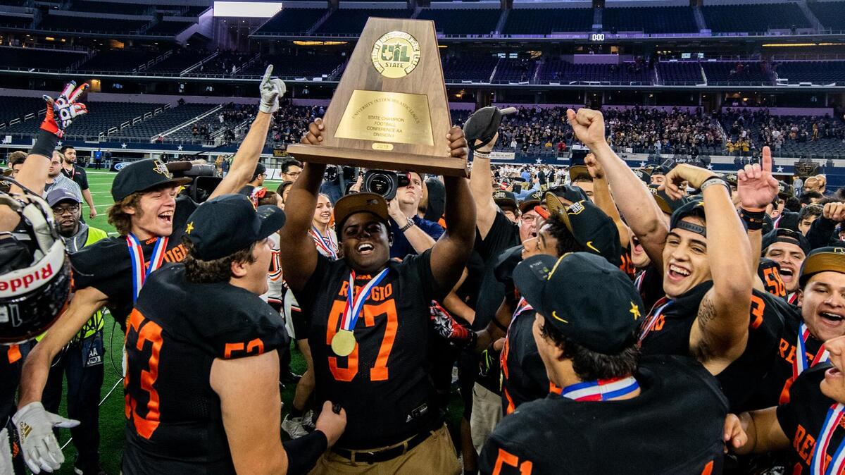 Refugio players celebrate winning the 2A Divison 1, State Championship after defeating Post 28-7 in Arlington at AT&T Stadium on December 18, 2019. Photo by Matt Smith (Special to the Star-Telegram).
