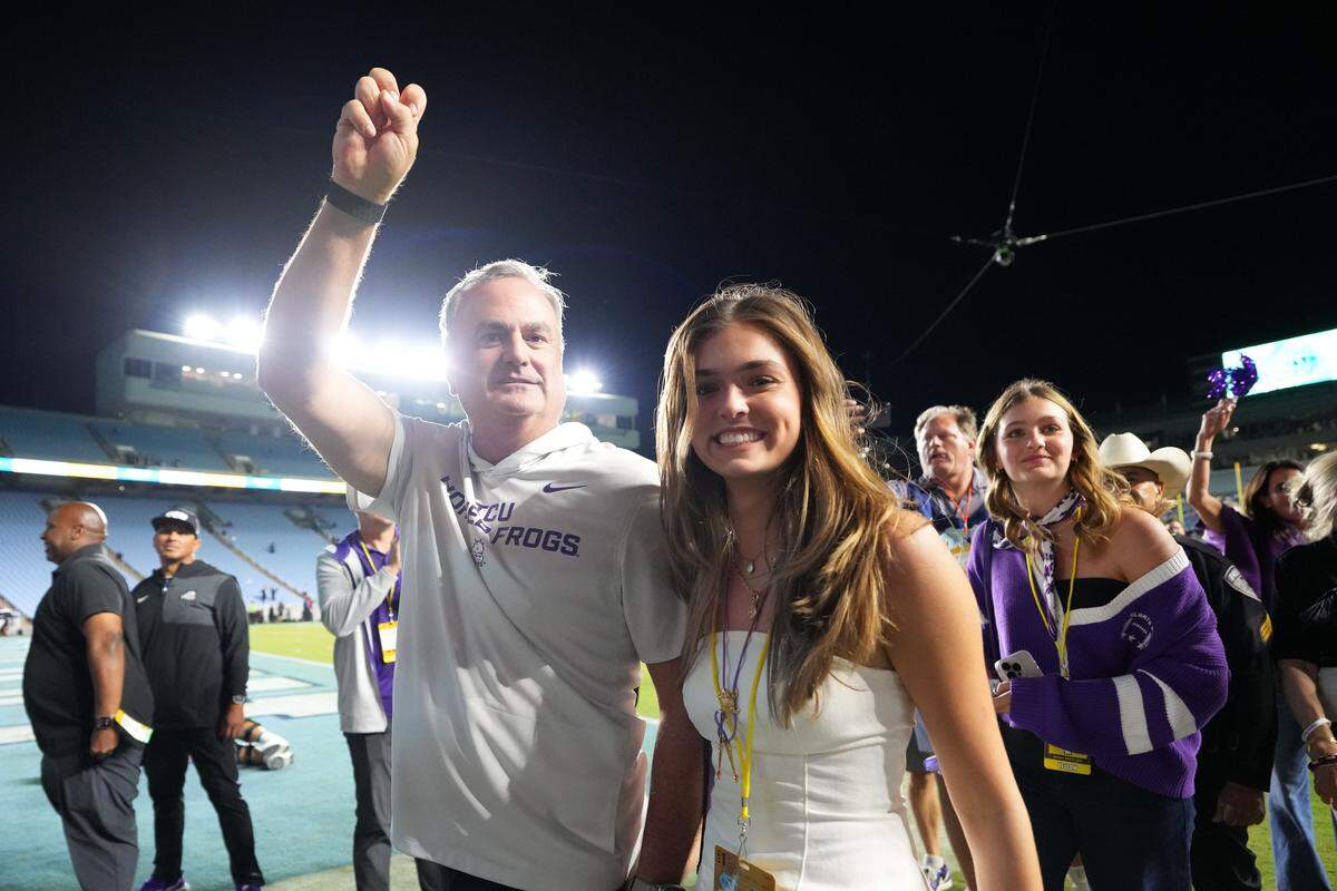 TCU Horned Frogs head coach Sonny Dykes celebrates after the game Monday at Kenan Stadium in Chapel Hill, N.C.