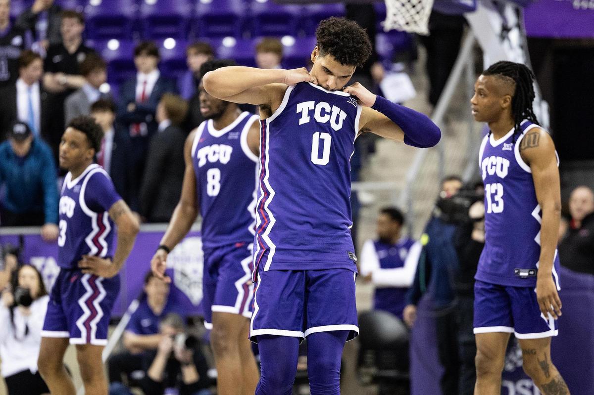 TCU forward Brendan Wenzel (0) becomes frustrated after a 74-61 loss in an NCAA game between TCU and Kansas at Schollmaier Arena in Fort Worth on Wednesday, Jan. 22, 2025.