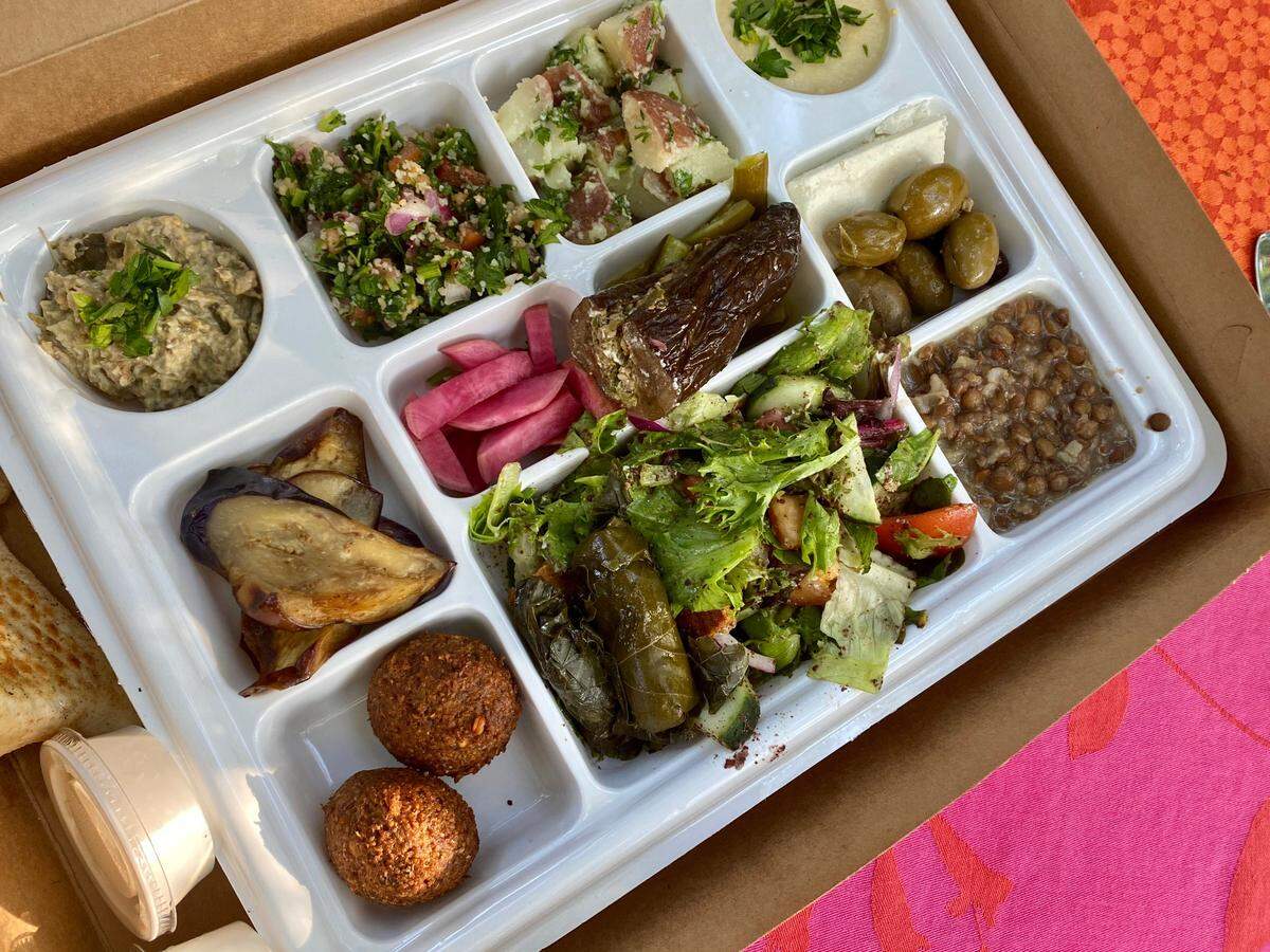 The takeout “Shareable Feast” includes a mezza platter at Byblos Mediterranean.