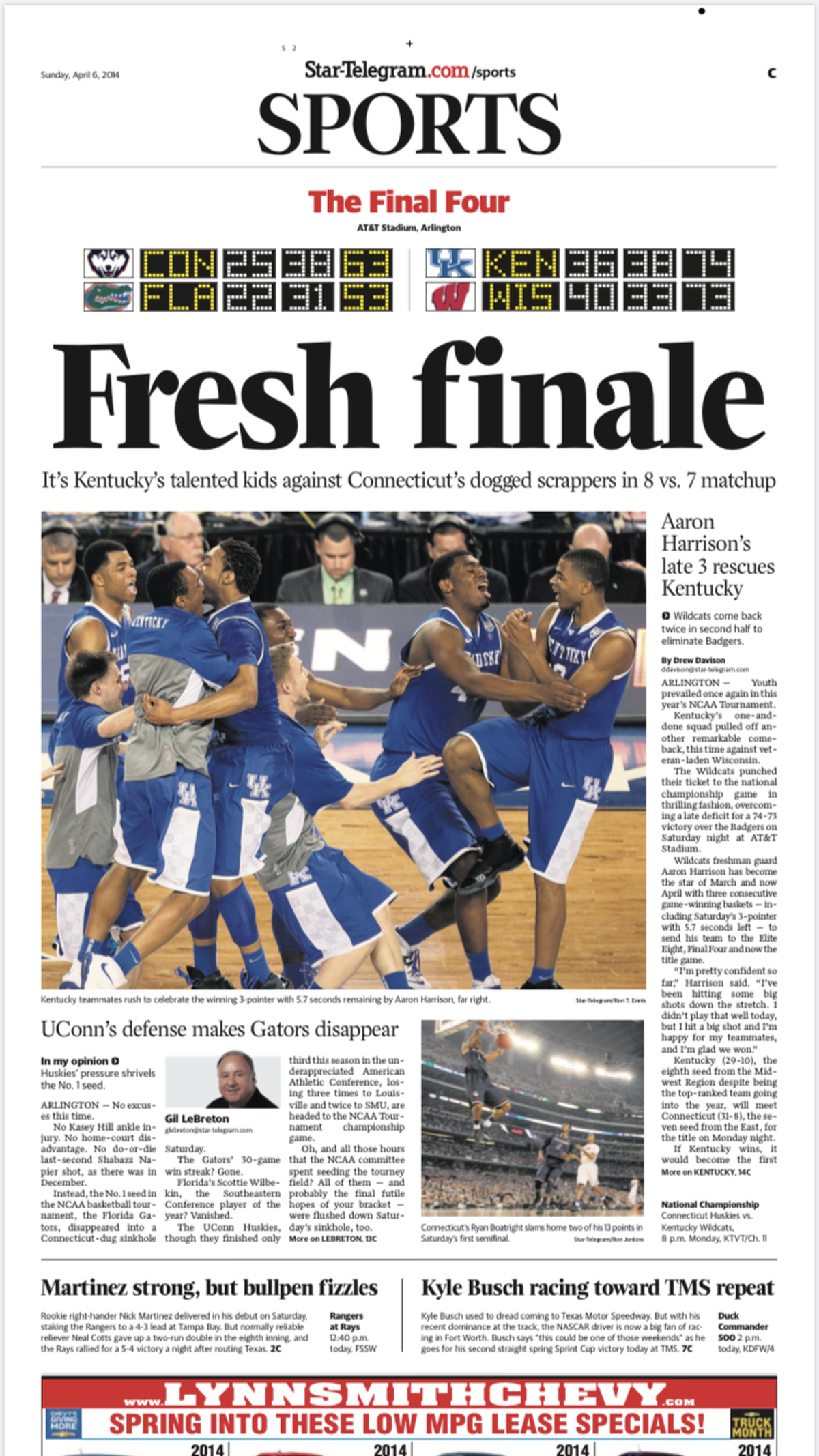 The Star-Telegram’s front page of sports on April 6, 2014 following the 2014 Final Four semifinal games at AT&T Stadium.