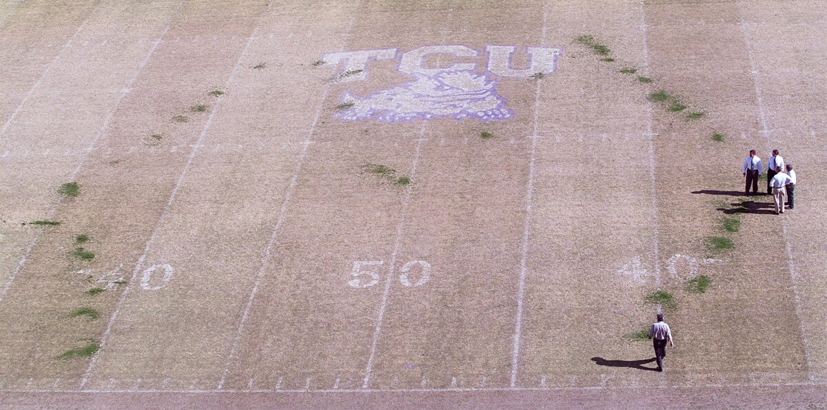 TCU officials examine the sproutings on the Amon Carter Stadium Tuesday, Feburary 15, 2000. Winter rye grass growing at TCU is part of prank played by the SMU band that left the SMU band’s Diamond M in the middle of the Amon Carter Stadium.