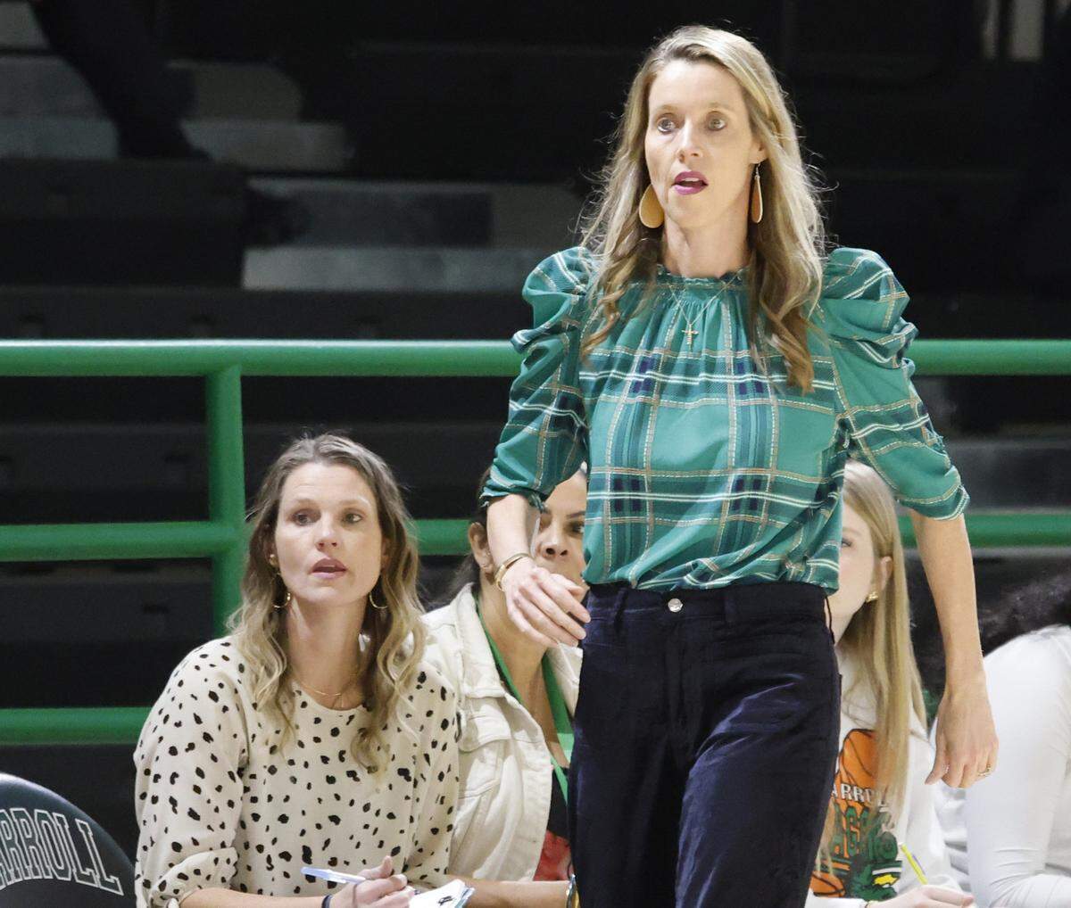 Southlake head coach Robyn McCoart reacts to play under the defensive net during the second half of a UIL girls basketball game between L.D. Bell and Southlake Carroll at Southlake Senior High School in Southlake, Texas, Tuesday Feb. 03, 2026