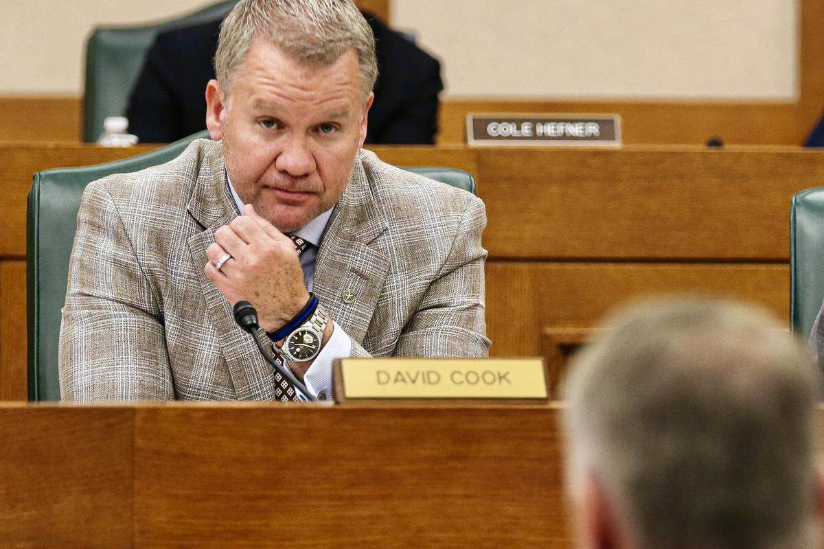 Texas House Rep. David Cook listens to testimony from members of the Texas Police Chiefs Association during a joint committee hearing at the Texas Capitol on June 23, 2022.