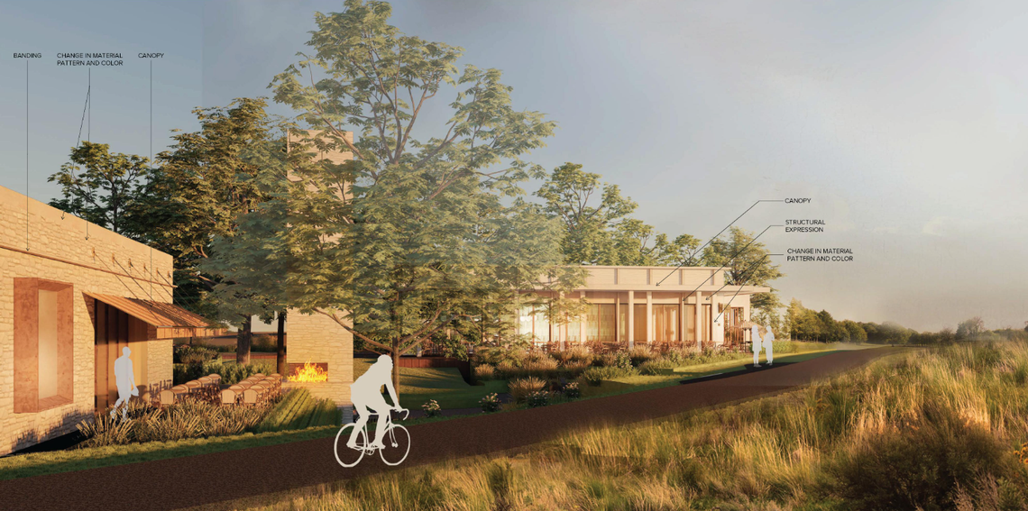 A rendering of Merrimac, a proposed new mixed-use project, showes a biker riding on the Trinity Trails pass by a shopping center.