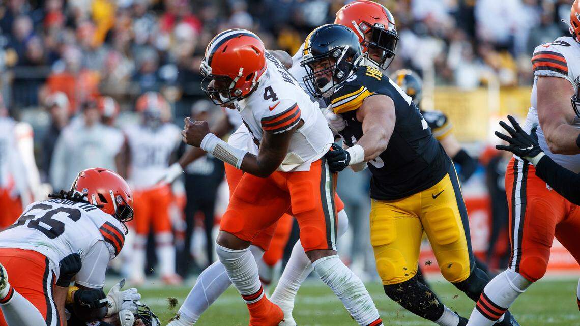 Cleveland Browns quarterback Deshaun Watson (4) is sacked by Pittsburgh Steelers linebacker Alex Highsmith (56) during an NFL football game, Sunday, Jan. 8, 2023, in Pittsburgh, PA. (AP Photo/Matt Durisko)