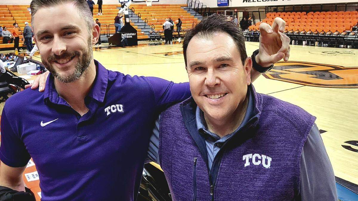 Former TCU kicker and long-time TCU football analyst John Denton (right) will conclude his role as the radio color man tonight with the national title game against Georgia.