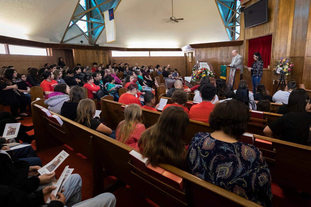 Pews are filled grieving family members and friends during a funeral for Zechariah Trevino in Waurika, Oklahoma, on Saturday, Jan. 28, 2023. Trevino, killed by gun violence in Fort Worth on Jan. 20, was remembered as a loving, funny person throughout the service.