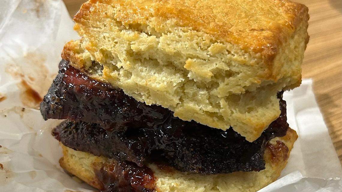 The brisket and jelly biscuit at Briscuits in southwest Austin.